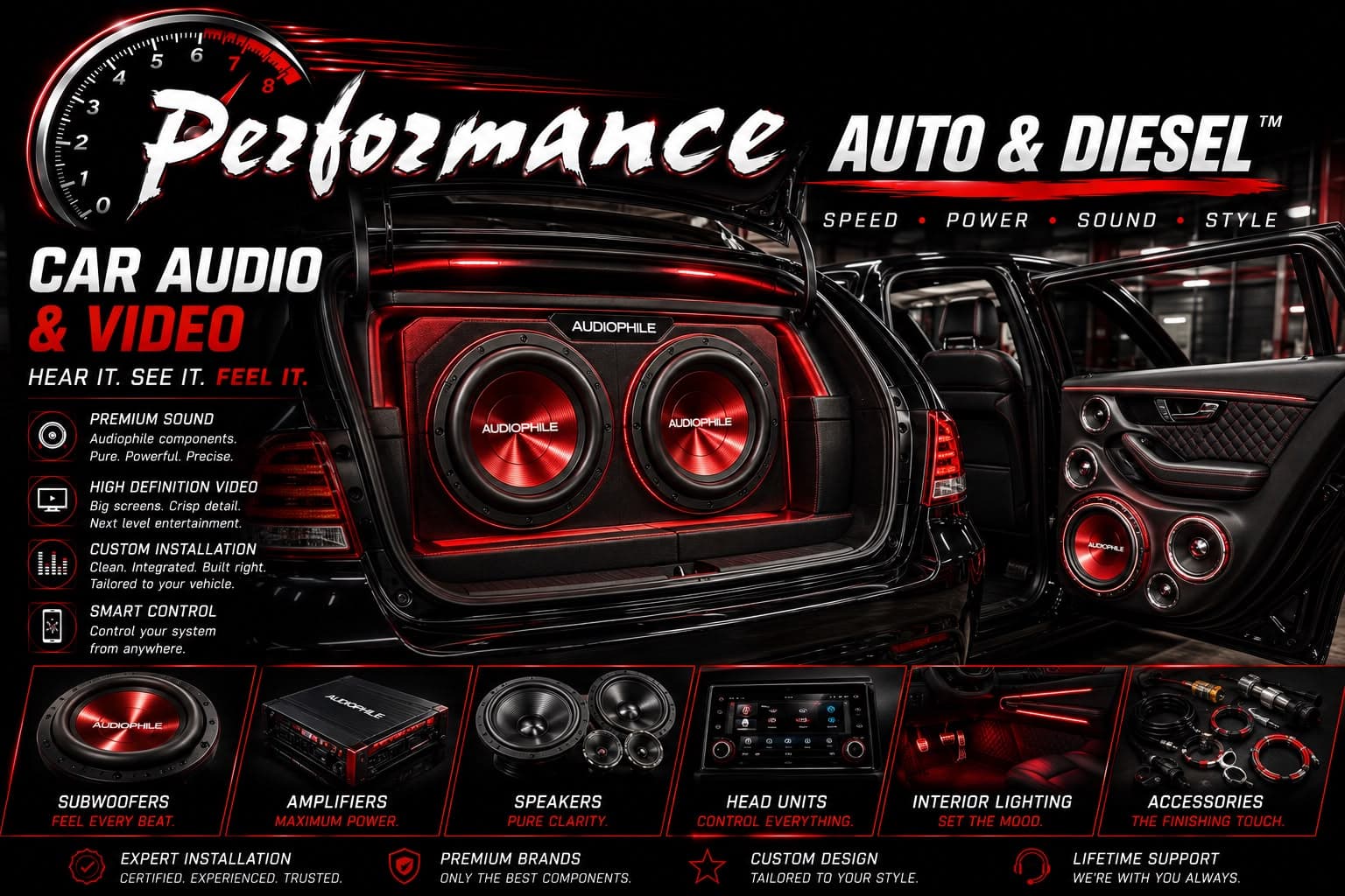 Custom car audio installation: dual subwoofers, amplifier rack and speaker components