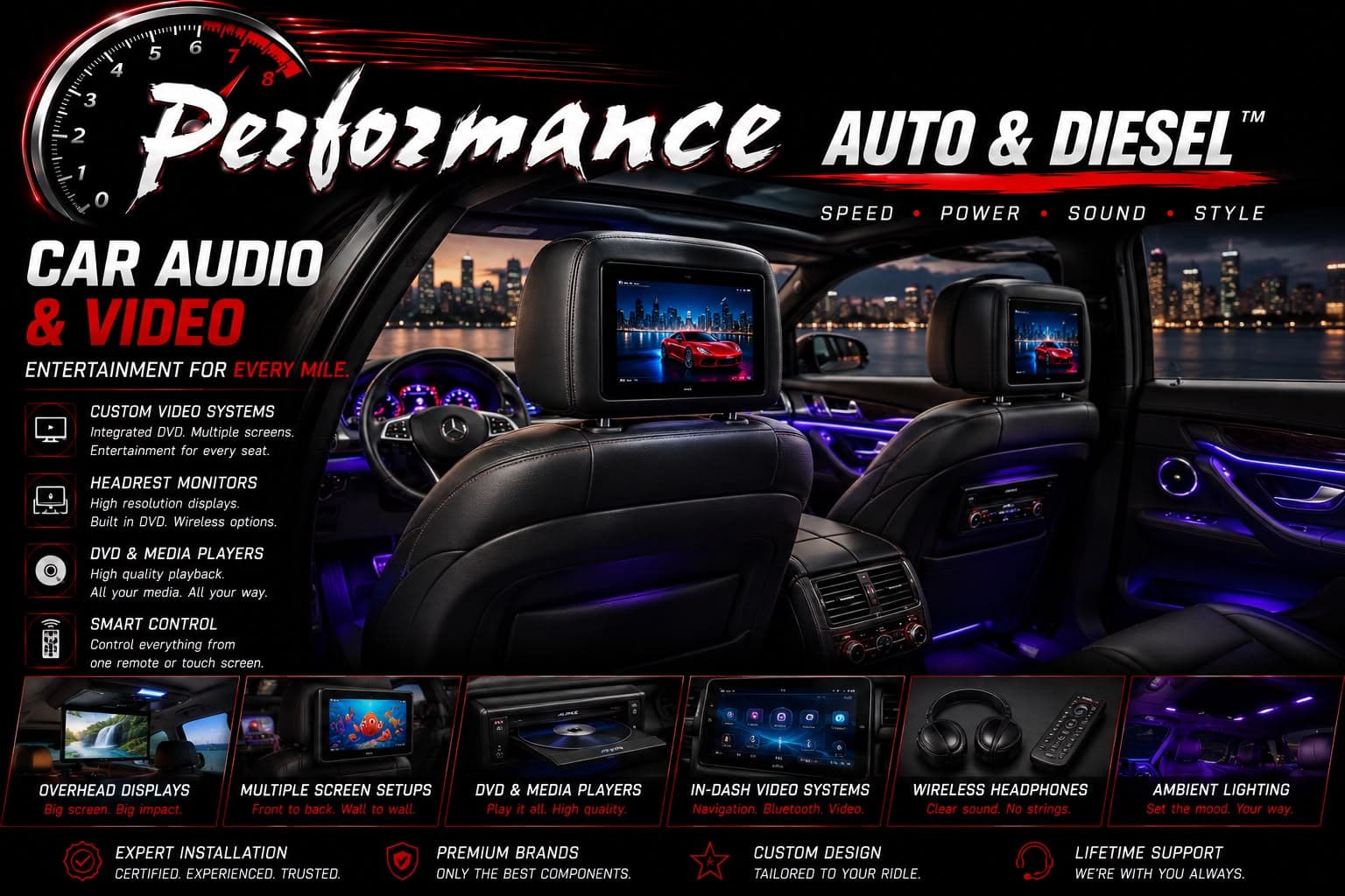 Custom car video installation: headrest and in-dash multimedia screens