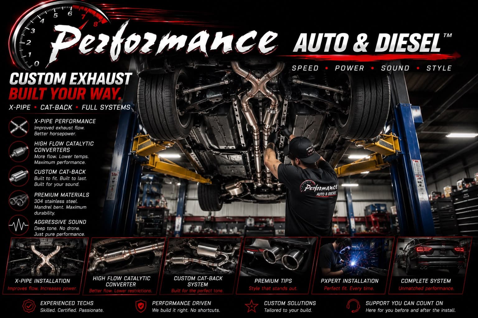 Custom stainless exhaust fabrication — X-pipe, cat-back and complete systems built on the lift