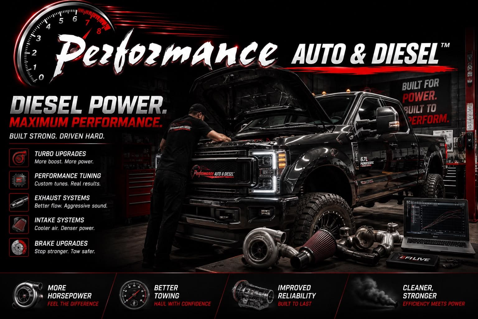 Diesel performance build — turbo upgrades, tuning and intake work on a diesel truck