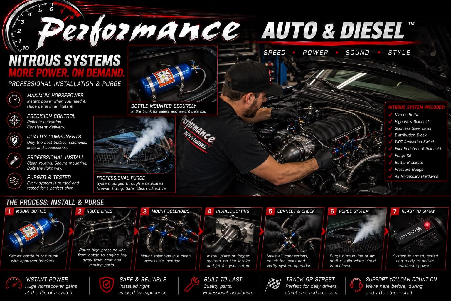 Nitrous system installation and process — bottle mounting, solenoids, purge and safety hardware