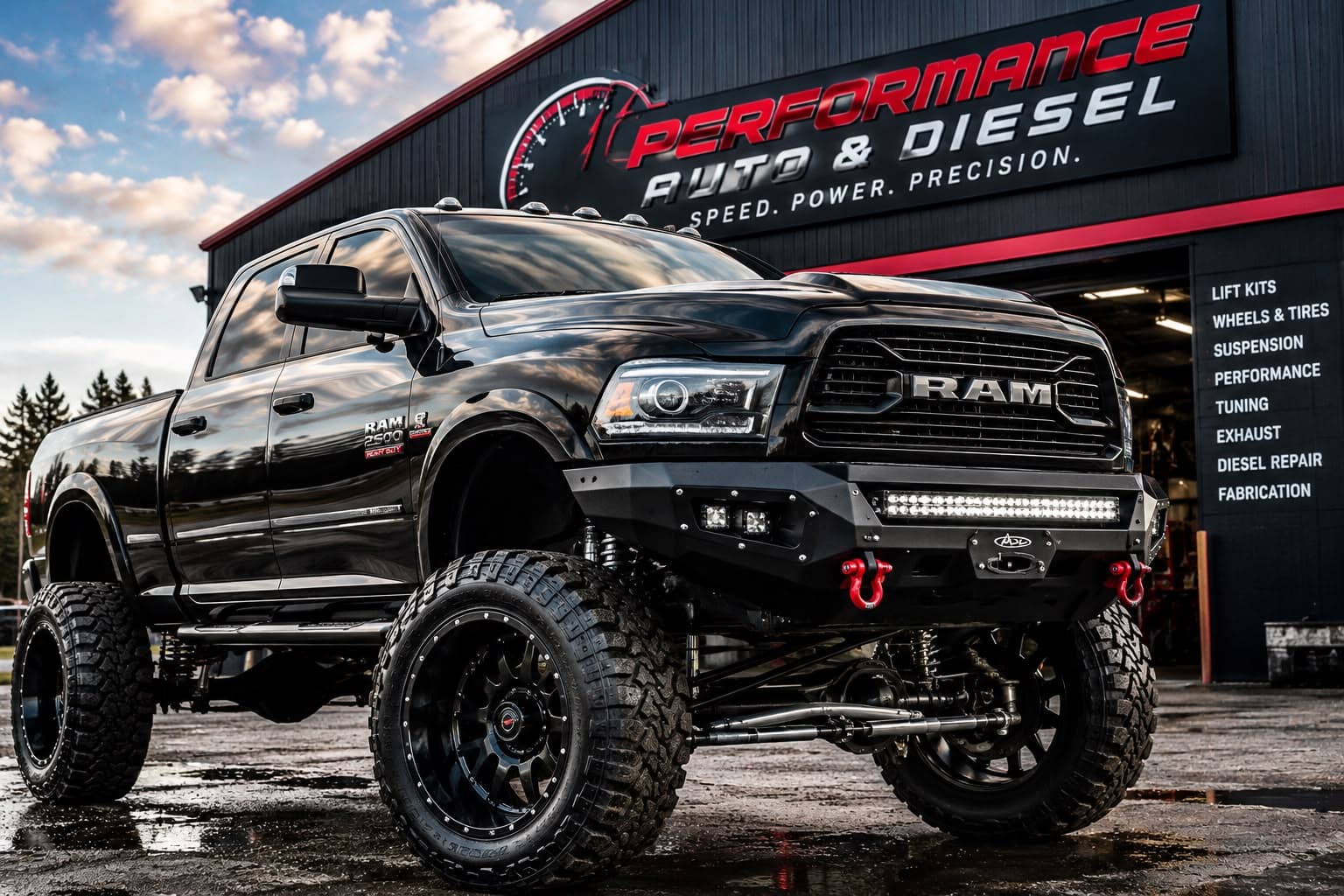 Lifted Ram 2500 diesel truck outside the Performance Auto & Diesel shop